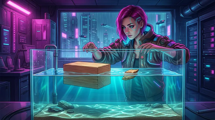 Сцена первой карточки курса «Why do some heavy things float?», мир: Cyberpunk